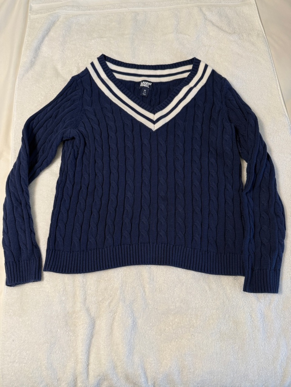 Lands' End Navy Cable V-Neck Sweater with White Trim